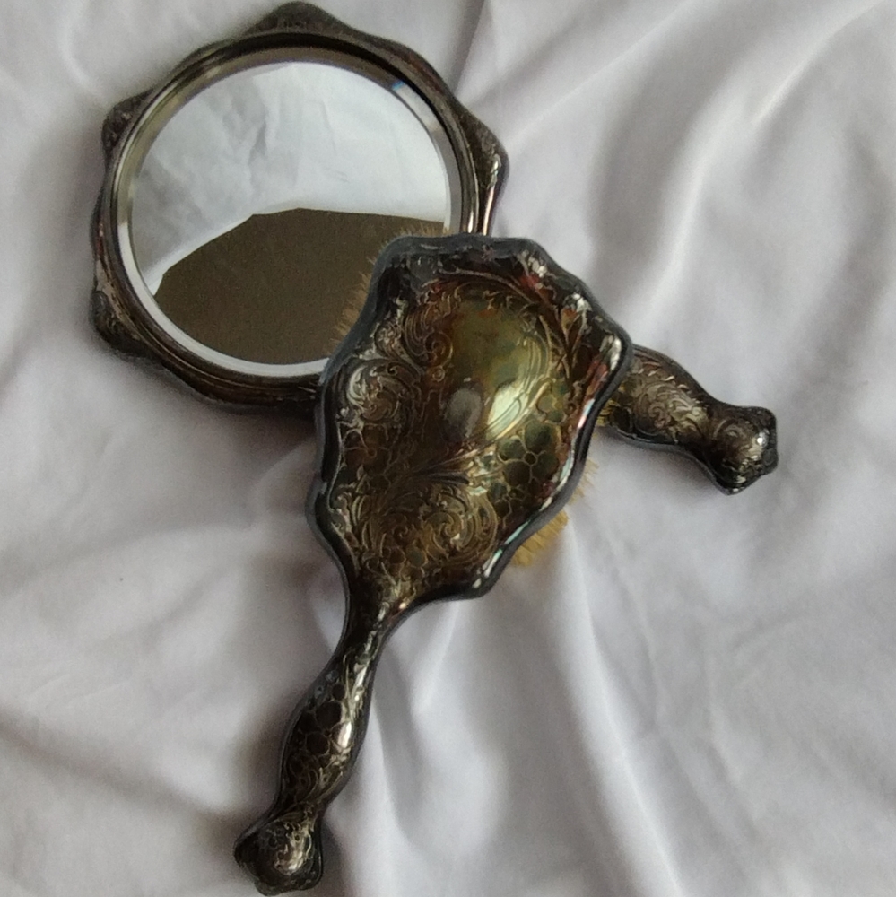 Antique early 1920s silver brush and mirror vanity set